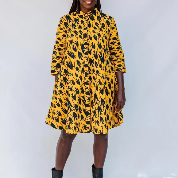 Vibrant Yellow and Black Long Sleeve Dress - Picture 3 of 5